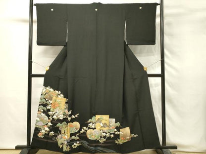 平和屋着物■豪華黒留袖　色紙草花文　暈し染め　金銀彩　正絹　逸品　DABH3071qp