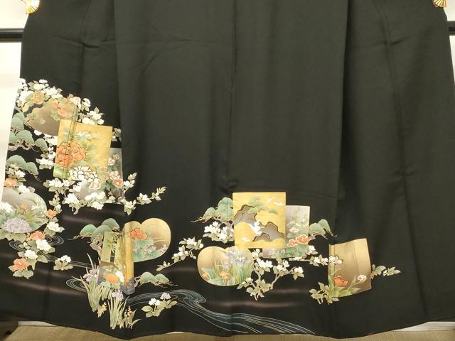 平和屋着物■豪華黒留袖　色紙草花文　暈し染め　金銀彩　正絹　逸品　DABH3071qp