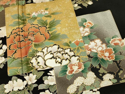 平和屋着物■豪華黒留袖　色紙草花文　暈し染め　金銀彩　正絹　逸品　DABH3071qp