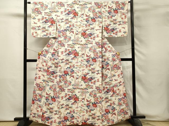 平和屋着物■上質な小紋　型染め　風景花鳥文　牡丹　鬼しぼ縮緬　正絹　逸品　DABH3074qp