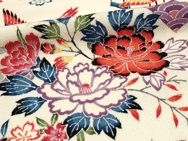 平和屋着物■上質な小紋　型染め　風景花鳥文　牡丹　鬼しぼ縮緬　正絹　逸品　DABH3074qp
