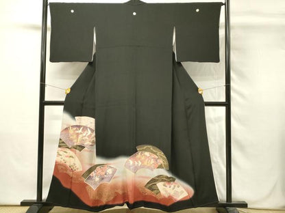 平和屋着物■豪華黒留袖　駒刺繍　地紙飛鶴花松文　暈し染め　金彩　正絹　逸品　DABH3087qp