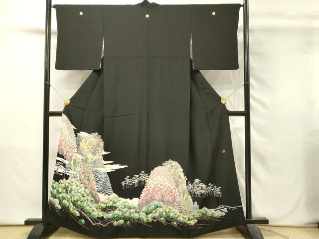 平和屋着物■豪華黒留袖　友禅　作家物　重ね山風景花松文　正絹　逸品　DABH3100qp