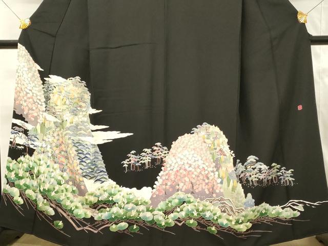 平和屋着物■豪華黒留袖　友禅　作家物　重ね山風景花松文　正絹　逸品　DABH3100qp