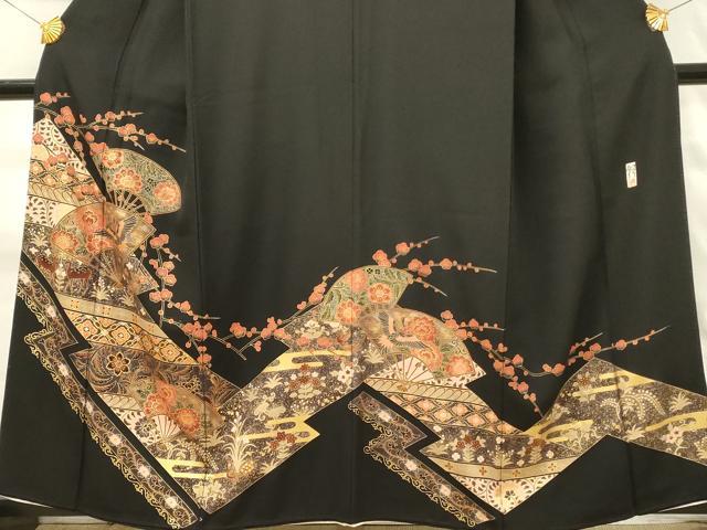 平和屋着物■豪華黒留袖　作家物　扇面花鳥文　金彩　正絹　逸品　DABH3102qp