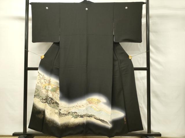 平和屋着物■豪華黒留袖　作家物　寿光織　地紙花文　枝梅　暈し染め　金銀糸　正絹　逸品　DABH3114qp