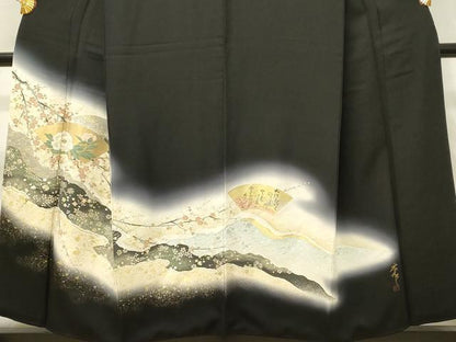 平和屋着物■豪華黒留袖　作家物　寿光織　地紙花文　枝梅　暈し染め　金銀糸　正絹　逸品　DABH3114qp