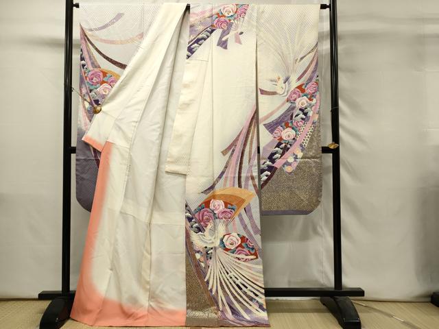 平和屋着物■豪華振袖　刺繍　鳳凰扇面花文　暈し染め　金彩　正絹　逸品　DABH3124qp