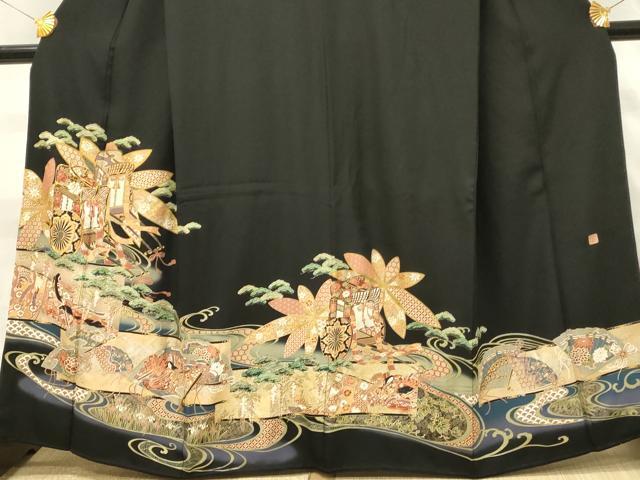 平和屋着物■世界的ファッションデザイナー 山本寛斎 kansaiブランド 黒留袖 駒刺繍 人物御所車花松文 暈し染め 金彩 正絹 逸品 DABH3125qp