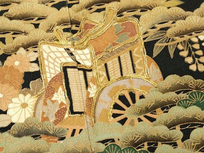 平和屋着物■豪華黒留袖　駒刺繍　御所車花松文　暈し染め　金彩　正絹　逸品　DABH3149qp