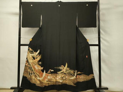 平和屋着物■豪華黒留袖　作家物　駒刺繍　飛鶴花文　金彩　正絹　逸品　DABH3151qp