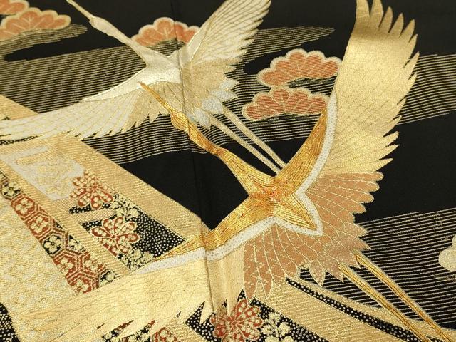 平和屋着物■豪華黒留袖　作家物　駒刺繍　飛鶴花文　金彩　正絹　逸品　DABH3151qp