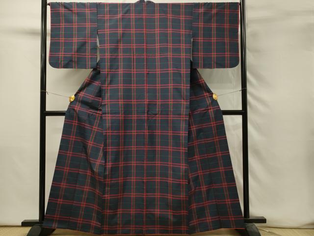 平和屋着物■本場縞大島紬　格子　久野織物特製　証紙付き　正絹　逸品　DABH3159qp