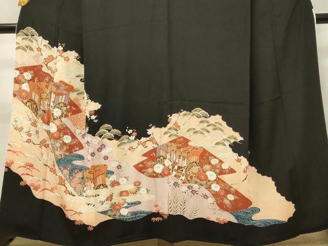 平和屋着物■豪華黒留袖　御所車花文　金彩　正絹　逸品　DABH3162qp
