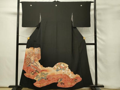 平和屋着物■豪華黒留袖　駒刺繍　御所車花文　枝松　暈し染め　金彩　正絹　逸品　DABH3166qp
