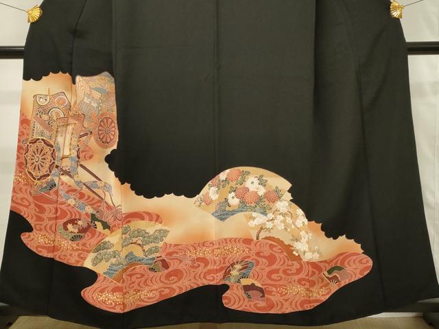平和屋着物■豪華黒留袖　駒刺繍　御所車花文　枝松　暈し染め　金彩　正絹　逸品　DABH3166qp