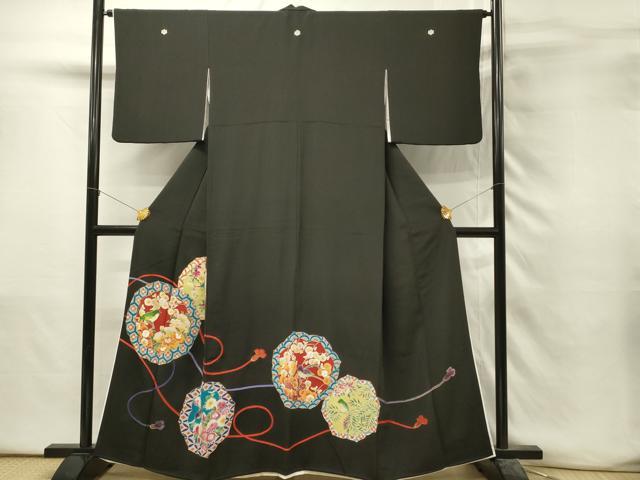 平和屋着物■豪華黒留袖　刺繍　絵皿花鳥文　金糸　正絹　逸品　DABH3167qp