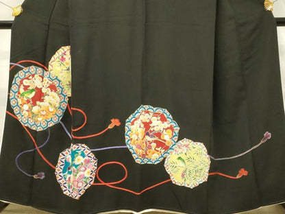 平和屋着物■豪華黒留袖　刺繍　絵皿花鳥文　金糸　正絹　逸品　DABH3167qp
