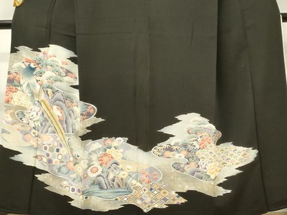 平和屋着物■豪華黒留袖　刺繍　尾長鳥花松文　金銀彩　正絹　逸品　DABH3169qp