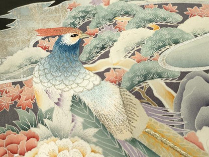 平和屋着物■豪華黒留袖　刺繍　尾長鳥花松文　金銀彩　正絹　逸品　DABH3169qp