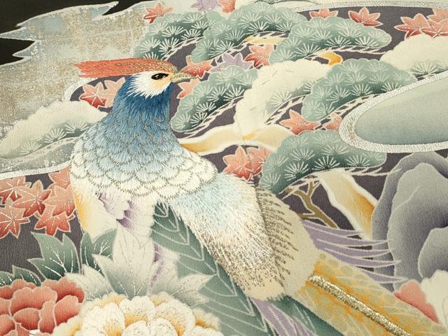 平和屋着物■豪華黒留袖　刺繍　尾長鳥花松文　金銀彩　正絹　逸品　DABH3169qp