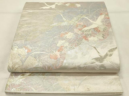 平和屋着物◎六通柄袋帯　唐織　道長飛鶴花文　銀麗　金銀糸　正絹　逸品　DABH3176qp