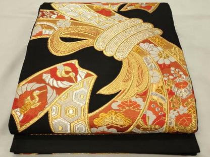 平和屋着物◎六通柄袋帯　唐織　束ね熨斗吉祥飛鶴花文　黒地　金銀糸　正絹　逸品　DABH3180qp