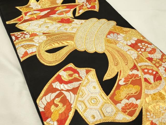 平和屋着物◎六通柄袋帯　唐織　束ね熨斗吉祥飛鶴花文　黒地　金銀糸　正絹　逸品　DABH3180qp