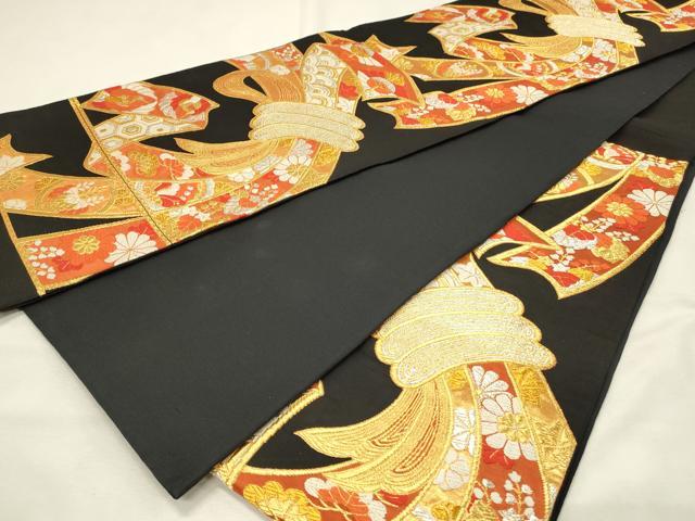 平和屋着物◎六通柄袋帯　唐織　束ね熨斗吉祥飛鶴花文　黒地　金銀糸　正絹　逸品　DABH3180qp