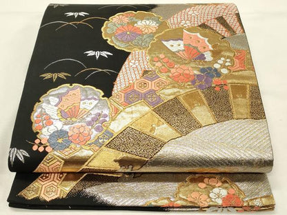 平和屋着物◎六通柄袋帯　唐織　源氏車雪輪文　黒地　金銀糸　正絹　逸品　DABH3187qp
