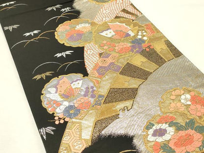 平和屋着物◎六通柄袋帯　唐織　源氏車雪輪文　黒地　金銀糸　正絹　逸品　DABH3187qp