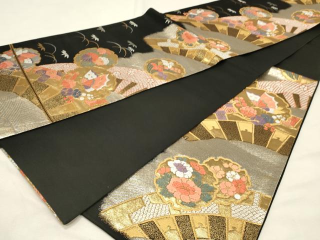 平和屋着物◎六通柄袋帯　唐織　源氏車雪輪文　黒地　金銀糸　正絹　逸品　DABH3187qp