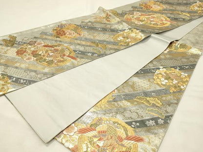 平和屋着物◎六通柄袋帯　唐織　斜短冊富貴丸文　金銀糸　正絹　逸品　DABH3189qp
