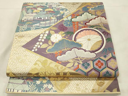 平和屋着物◎六通柄袋帯　唐織　裂型能衣文　金糸　正絹　逸品　DABH3190qp