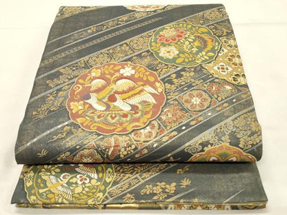 平和屋着物◎両面　両方向　全通柄袋帯　琳派相生松紋　金糸　正絹　逸品　DABH3194qp