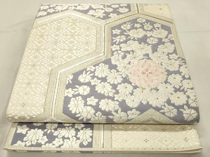 平和屋着物◎六通柄袋帯　唐織　毘沙門亀甲花文　銀糸　正絹　逸品　DABH3206qp