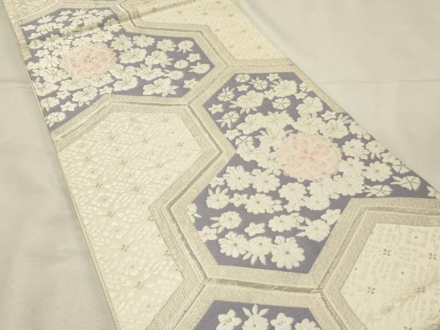 平和屋着物◎六通柄袋帯　唐織　毘沙門亀甲花文　銀糸　正絹　逸品　DABH3206qp