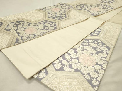 平和屋着物◎六通柄袋帯　唐織　毘沙門亀甲花文　銀糸　正絹　逸品　DABH3206qp