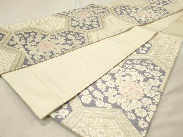 平和屋着物◎六通柄袋帯　唐織　毘沙門亀甲花文　銀糸　正絹　逸品　DABH3206qp