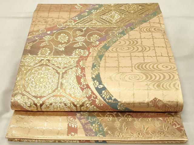 平和屋着物◎六通柄袋帯　唐織　正倉院亀甲花唐草文　金糸　正絹　逸品　DABH3216qp