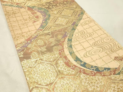 平和屋着物◎六通柄袋帯　唐織　正倉院亀甲花唐草文　金糸　正絹　逸品　DABH3216qp
