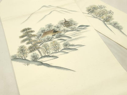 平和屋着物◎九寸名古屋帯　作家物　手描き　紬地　遠山風景文　金彩　正絹　逸品　DABH3222qp