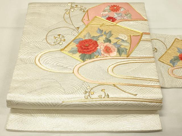 平和屋着物◎九寸名古屋帯　駒刺繍　色紙草花文　金銀糸　正絹　逸品　DABH3226qp