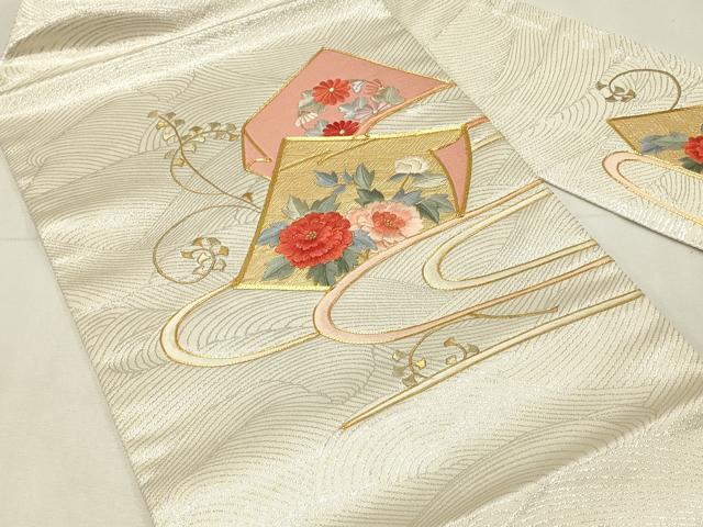 平和屋着物◎九寸名古屋帯　駒刺繍　色紙草花文　金銀糸　正絹　逸品　DABH3226qp
