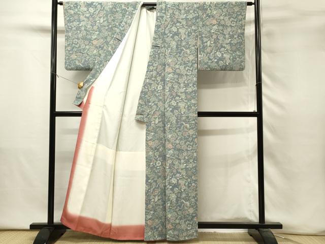 平和屋着物■上質な小紋　更紗花鳥文　鬼しぼ縮緬　正絹　逸品　DABH3258qp