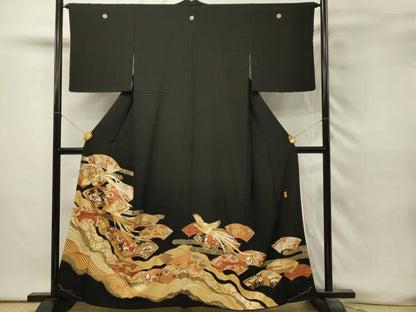 平和屋着物■豪華黒留袖　作家物　駒刺繍　螺鈿　地紙鳳凰花文　金彩　正絹　逸品　DABH3276qp