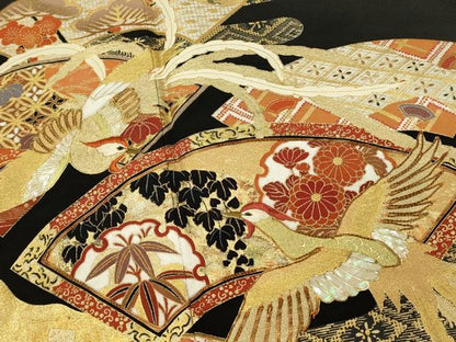 平和屋着物■豪華黒留袖　作家物　駒刺繍　螺鈿　地紙鳳凰花文　金彩　正絹　逸品　DABH3276qp
