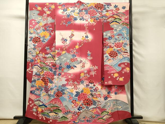 平和屋着物■豪華振袖　型染め　重ね山風景花文　暈し染め　正絹　逸品　DABH3290qp