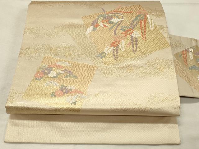 平和屋着物◎九寸名古屋帯　色紙重ね鳳凰花松文　金糸　正絹　逸品　DABH3308qp