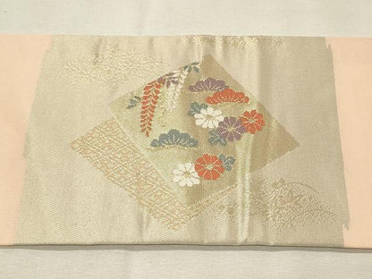 平和屋着物◎九寸名古屋帯　色紙重ね鳳凰花松文　金糸　正絹　逸品　DABH3308qp